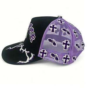WECONDO Y2K Gothic Style Custom Trucker <strong>Hat</strong> 5 Panel Twill Mesh Cap Purple Cross Bat Embroidery Trucker Cap Visor - Product Image 3