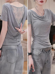 Camiseta de manga corta con espalda descubierta de encaje Modal de verano para mujer de Super Design con camisa base de cuello oscilante gris - Product Image 4