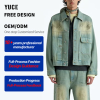 Veste en jean délavé style vintage pour homme YUCE, col rabattu, style décontracté, veste en jean rétro de type cowboy