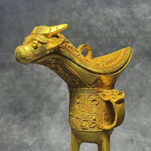 Vintage Vergoldeter Jue-Becher Chinesischer Drachenkopf Ritualgefäß für Heim- und Bürodekoration Traditionelles Shang Zhou Kunsthandwerk Geschenk - Product Image 6