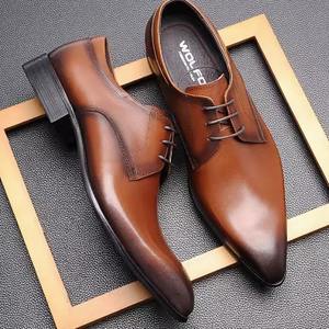 Chaussures habillées pour hommes en cuir de vachette pleine fleur, style coréen, à lacets, bout rond, tendance, printemps, été, automne, nouveau style - Product Image 1