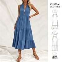Robe midi bleue à volants pour femme, sans manches, col en V, boutonnée sur le devant, style bohème décontracté, pour l'été et les vacances à la plage, VÊTEMENTS PERSONNALISÉS
