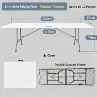 Vente directe - Table rectangulaire mobile de 242 cm, plateau articulé au centre, pour événements en plein air.