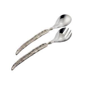 Ensemble de couverts unique Saladier en acier inoxydable argenté avec long manche en laiton Plume Design couverts à salade décoratifs en métal - Product Image 1