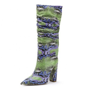 Phong Cách Tạp Trên Phụ Nữ Dài Ăn Mặc Khởi Động Đầy Màu Sắc Da Rắn In Đầu Gối Cao Khởi Động Nhọn Toe Toe Vuông Gót Stiletto Giày - Product Image 2