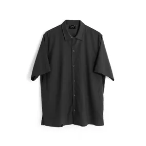 黑色亚麻衬衫高品质连衣裙衬衫短袖翻下衣领越南制造休闲男士街装