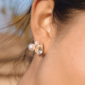Boucles d'oreilles pendantes en forme de goutte d'eau, perle et strass, plaqué or, acier inoxydable, sertissage clos, bijoux fantaisie, cadeau - Product Image 2
