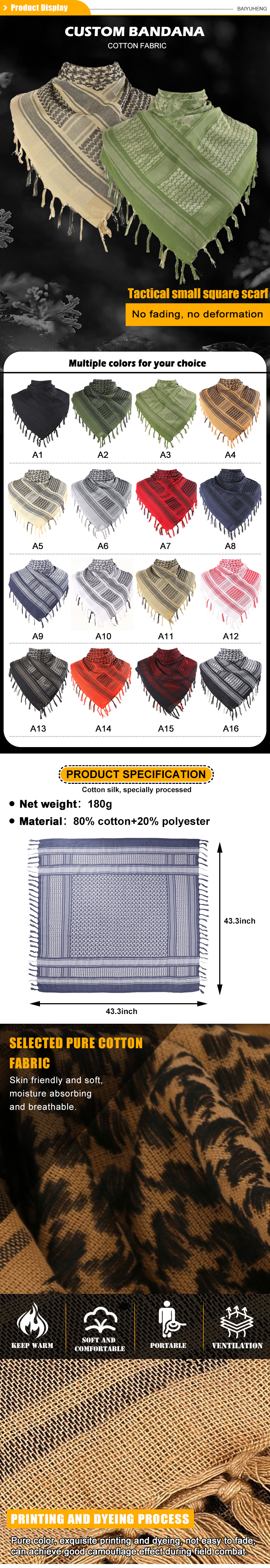 Baiyuheng Wholesale Customised Cotton Polyester Fabric Square Screen Digital Printing Scarf Design Custom Logo Tactical Shemagh