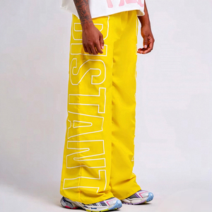 Custom High Quality 3D Embroidery Wide Leg <b>Pants</b> Men Oversize Yellow <b>Nylon</b> <b>Track</b> <b>Pants</b> - Product Image 1