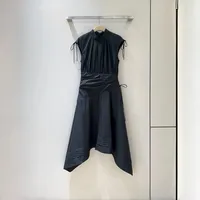 Robe vintage pour femme en coton, coupe trapèze, drapée, longueur genou, unie, col montant, avec cordon de serrage, sans manches