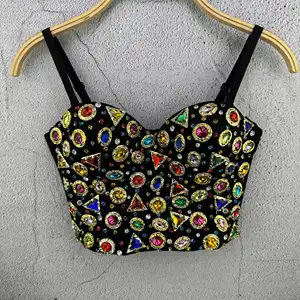 Luxe Kleurrijke Crystal Diamant Metallic Kralen Buisbandjes Dames Vintage Performance Kleding Kostuum Dames Korset Crop Top