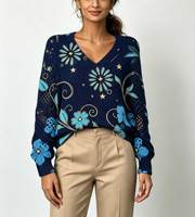 Pulls décontractés à col en V et manches longues pour femmes, imprimé floral, ajourés, en maille, style vintage