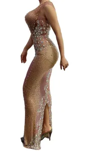 闪亮的金色水钻网眼透明长地板长度女性帝国生日庆典晚会A082歌手 - Product Image 2