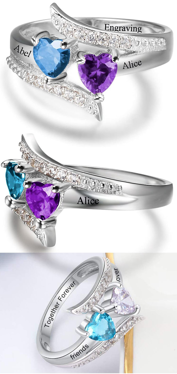 Coeur en plaqué or personnalisé Cubic Zirconia Bague en acier inoxydable Nom gravé Nom de mariage