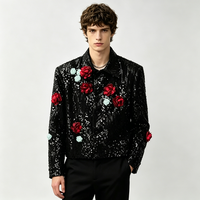 Blouson Bomber Décontracté de Luxe Personnalisable ODM Noir à Motifs Floraux 3D Rose Menthe pour Hommes – Idéal pour Soirées et Scènes