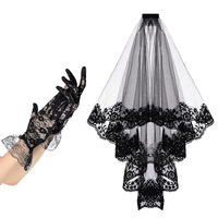 Voile et gants en dentelle noire uniques pour femme, accessoires de tête pour fête costumée d'Halloween