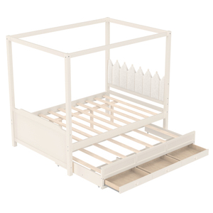 Modern Adjustable Full Platform <b>Bed</b> with Velvet Upholstered Headboard Twin Size Trundle 3 Drawers Princess Canopy <b>Bed</b> <b>Frame</b> - Product Image 5