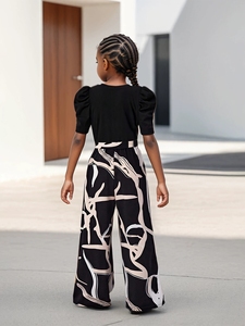 Conjunto Infantil Estilo Coreano de 2 Piezas, Top Moderno con Mangas Abullonadas + Pantalones Anchos Florales, Trajes Casuales para Niñas - Product Image 6