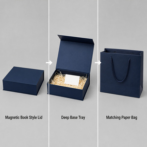 Marineblaue Buchförmige Magnetische Geschenkbox und Passende Tasche Set mit Gedrehtem Kordelgriff Individueller Druck für Luxus-Geschenke Großhandelsangebot - Product Image 2