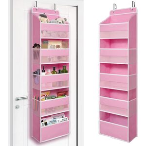 Pink Over Door Organizer 5 Large Clear Pockets 6 Side Mesh Pockets Anti Tilt Hanging Storage For Cosmetics Clothing Toys Snacks - Product Image 1
