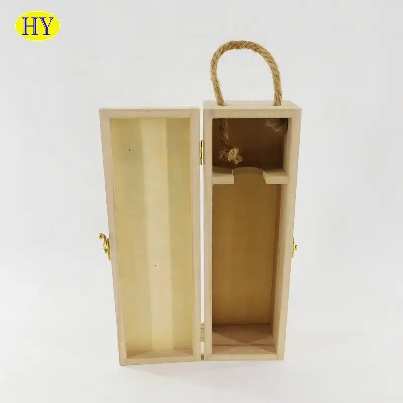 Boîte d'emballage de stockage de vin whisky liqueur en bois inachevé, boîte cadeau en bois pour bouteille de vin unique personnalisée avec poignée en corde