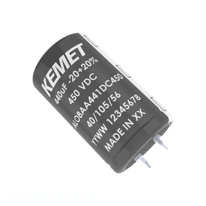 Condensador de canal del fabricante CAP ALUM 105C 330UF 400VDC de montaje a través de orificio (THT) tipo Press-Fit 330 uF ALO8AA331CB400 - Product Image 1
