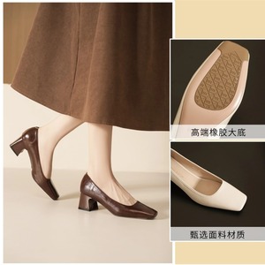 5688A Square Toe Pumps Medium <b>Block</b> Heel Genuine Leather <b>Rubber</b> Outsole Anti Slip Office Shoes For Women - Product Image 1