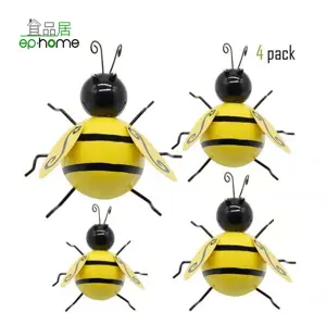 4 Pack Metal Bumble Bee Yard Art Sculpture Decorations - 3D Metal Honey Bee Summer Garden Accents - Spring Hanging Bee Wall Lawn