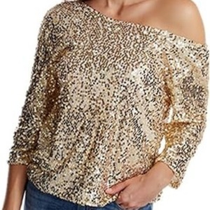 Women's Off Shoulder <b>Sequined</b> Blouse Gold Black Pink Burgundy Silver Polyester Party Shirt Loose Fit One Shoulder <b>Top</b> - Product Image 1