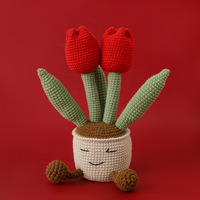 Décoration Murale Populaire Faite à la Main en Laine au Crochet, Double Tulipe Gonflée en Pot, Feuille Écologique, pour le Nouvel An Chinois, Maison et Café