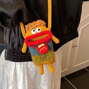 Sac bandoulière en crochet fait main pour téléphone, motif bouche de saucisse, style 'Ugly Cute' tendance, pour femmes et enfants, avec porte-monnaie ouvert style dessin animé - Product Image 1