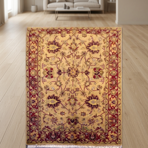 One of the Kind Indian Hand-Knotted Rug 5'6 X 8'6'' Cream & <b>Red</b> Natural <b>Wool</b> & Cotton - Product Image 3