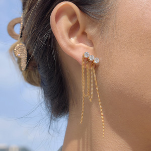 Drop <b>Earrings</b> With White Round Zircon And Chain <b>Tassel</b> For Party Women Stainless Steel Prong Setting Jewelry - Product Image 2