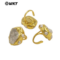 WT-MPR135 Top Qualité Excellents Femmes Et Hommes Bijoux Or Galvanisé Avec Taille Réglable Cristal Brut Quartz Pierre Anneaux