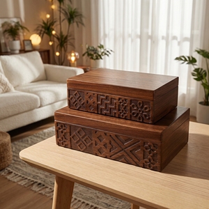 Hand-Carved Decorative Wood <strong>Storage</strong> Box Rustic Whitewashed Finish Rectangular Keepsake <strong>Chest</strong> <strong>with</strong> Geometric Pattern Light Brown - Product Image 3