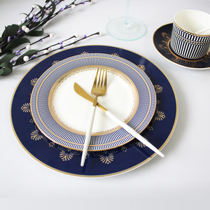 Service de table en porcelaine fine de style européen avec rayures géométriques bleues et dorées pour banquets de mariage et restaurants haut de gamme - Product Image 3