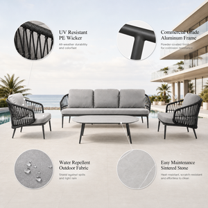 Ensemble de salon de jardin en rotin PE <span class=keywords><strong>Villabella</strong></span>, ensemble de meubles de patio en aluminium thermolaqué avec table basse, meubles d'hôtel - Product Image 2