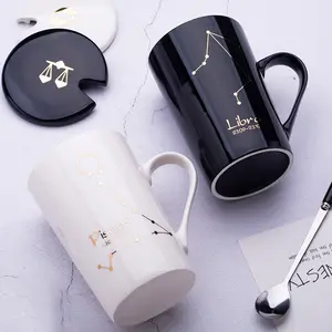 Glitter Constellation Ceramic Mug With Gold Handle Zodiac Coffee Mug with lid and spoon