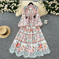 Robe décontractée pour femmes, style bohème, imprimé floral, manches longues bouffantes, coupe trapèze, avec ourlet festonné, pour les vacances et le quotidien