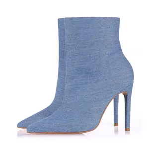 OEM รองเท้าส้นสูงปลายแหลมสำหรับผู้หญิง,รองเท้าบูทหุ้มข้อผ้ายีนส์สีน้ำเงินพร้อมซิปสวมใส่ง่ายสำหรับโรงงาน