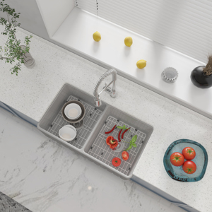Évier de cuisine en céramique blanc de 33 pouces, double bac, style ferme, avec façade en argile réfractaire, profond - Product Image 1