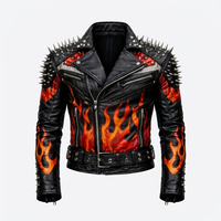 Blouson de moto en cuir pour homme style universitaire, imprimé flamme, décorations rivets, fermeture éclair, col montant, coupe-vent à capuche pour l'automne