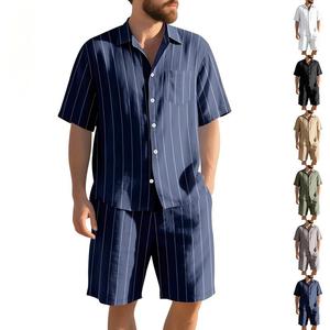 <span class=keywords><strong>Completo</strong></span> Estivo da <span class=keywords><strong>Uomo</strong></span> in <span class=keywords><strong>Lino</strong></span> a Righe, 2 Pezzi: Camicia a Maniche Corte con Bottoni e Pantaloncini da Spiaggia con Elastico in Vita - Product Image 1
