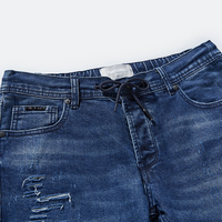 Jean slim déchiré bleu moyen pour homme, taille élastique avec cordon de serrage, denim délavé, OEM, marque privée DJSS2601M