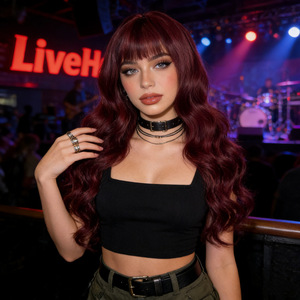 Women's Non-Lace Long Curly Hair Big Waves Natural Full Head Wig Burgundy Made in China (JIN) Can Be Permed and Dyed