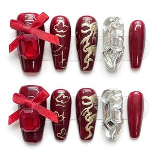<span class=keywords><strong>Uñas</strong></span> Postizas Hechas a Mano de Alta Calidad, Forma de Ataúd Larga, Color Rojo, Flores <span class=keywords><strong>Pequeñas</strong></span> Pintadas a Mano, Reutilizables, Venta al Por Mayor de Fábrica - Product Image 5