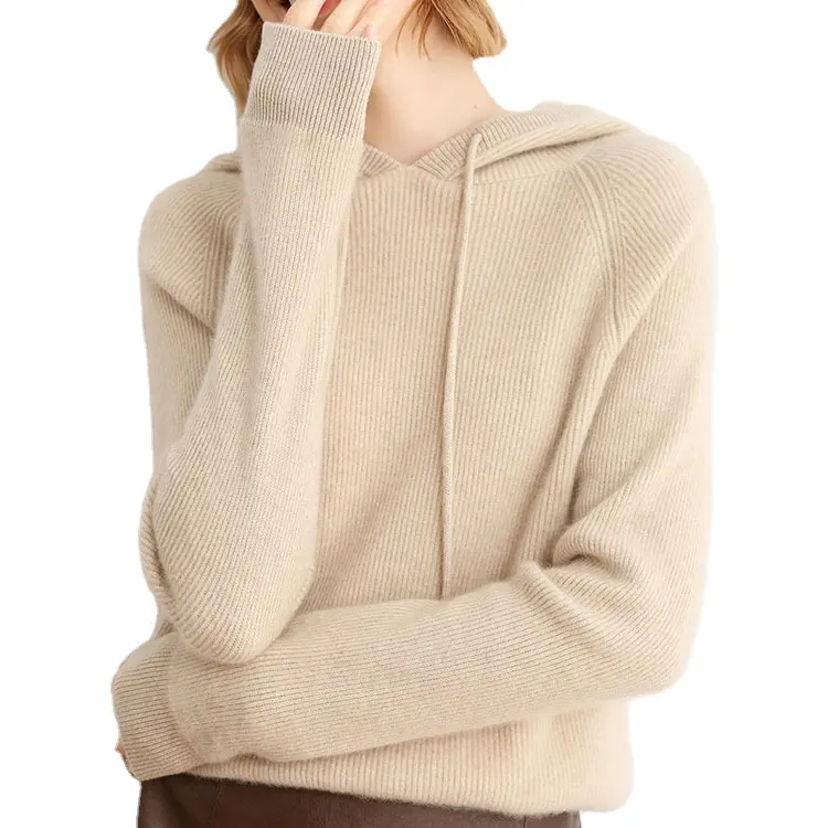 Custom Solid Color Alpaca Long Sleeve Hoodie Knitted Womens Cotton Wool Cashmere Hooded Jumper Sweater For Women