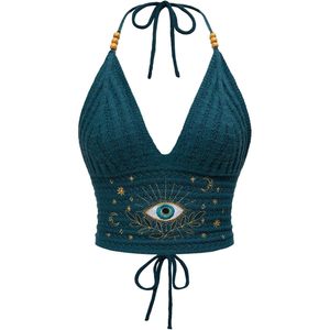FOXA Women's Crochet Halter <b>Top</b> Embroidered Eye Design Boho Crop Tank Knit <b>Cami</b> Backless Tie Front - Product Image 1