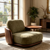 Table d'appoint intégrée en fibre de verre à grain de bois, chaise longue individuelle avec revêtement en daim vert olive pour salon moderne