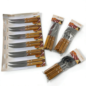 Juego de 6 piezas de cuchillo, tenedor y cuchara de acero inoxidable para comida occidental, con mango de madera, estilo retro, pulido a espejo, para carne. - Product Image 1